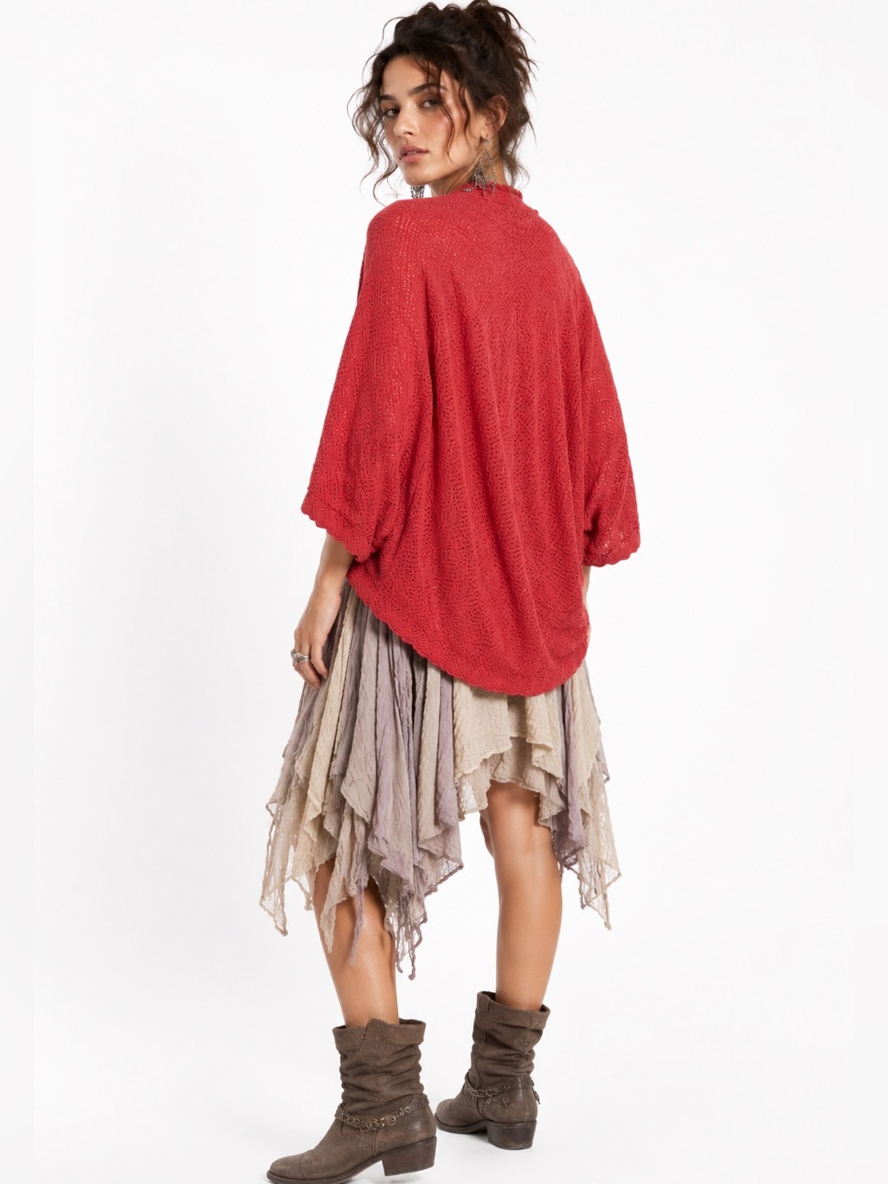 Vintage Herve Leger Paris Red Open Knit Cocoon Cardigan Boho Shrug Small Gypsy
